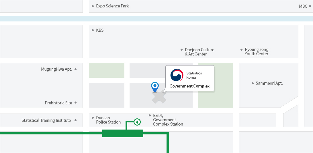 After exiting at the North Daejeon Interchange, you will pass KBS on your left. You will find Government Complex Daejeon located in front of Prehistoric Cite.